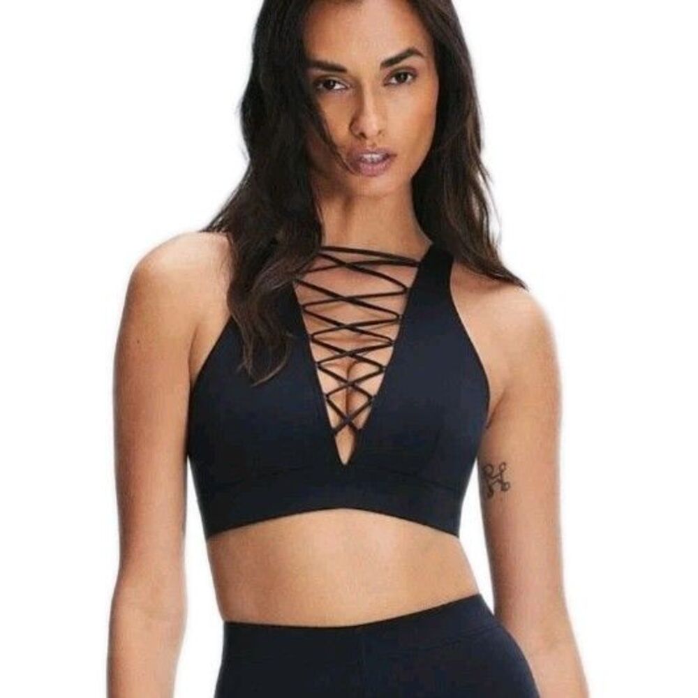 Savage X Fenty Black Satin Lace Up Plunge Sports Bra Medium Impact Size M EUC